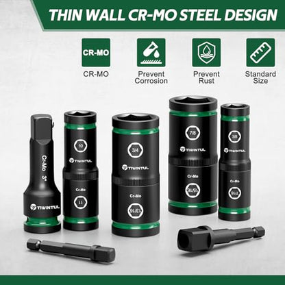 Lug Nut Impact Socket Set, 14Pcs 1/2" & 1/4" Metric & SAE Socket Set, CR-MO Steel, 20-IN-10 Deep Flip Socket Set, Thin Wall Wheel Protector Nut Socket with Extension Bar & Adapter - size: Flip 14PCS(SAE+Metric)