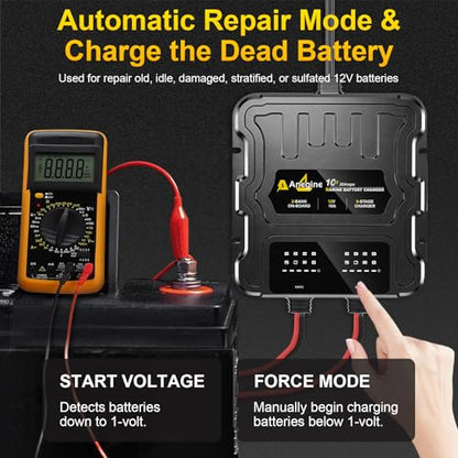 2 Bank Marine Battery Charger, 20A (10A/Bank) 12V IP68 Waterproof LCD Onboard Battery Charger with Overcharge Protection, Battery Maintainer for Lead-Acid, AGM, Gel, LiFePO4, Lithium, Boat, Car, RV