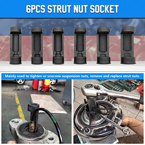 Strut Nut Socket 16mm 18mm 19mm 21mm 22mm 24mm with 12 Point 1/2" Drive Suspension Strut Spreader Socket 9pc Shock Absorber Tool
