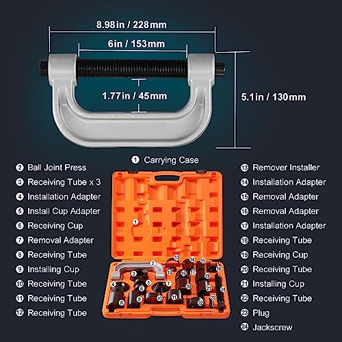 VEVOR Ball Joint Press Kit, 25 pcsTool Kit, C-Press Ball Joint Remove and Install Tools, for Most 2WD and 4WD Cars, Heavy Duty Ball Joint Repair Kit for Automotive Repairing - style: 25 PCS
