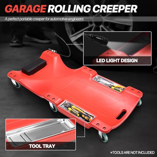Low-Profile 40" L Mechanic Rolling Creeper, 300 LBS Capacity Under Car Roller Creeper with LED Light and Tool Trays, Red