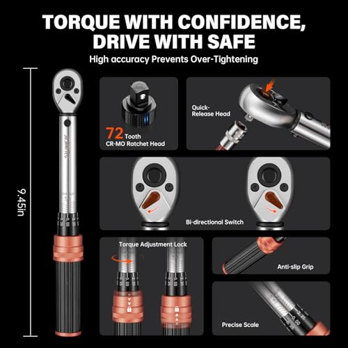14-Piece 1/4" Drive Click Torque Wrench Set, 5-25Nm ±3%, Master Kit with 11 CR-V Bits (H2-H8/T20-T40/PH1-PH2), 4" Extension & Adapter, 72-Tooth Head for Bicycle Repair - size: 14pcs 1/4"