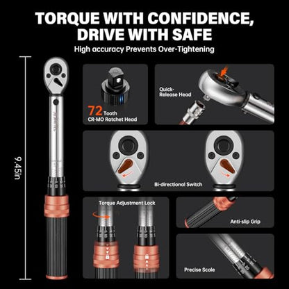 14-Piece 1/4" Drive Click Torque Wrench Set, 5-25Nm ±3%, Master Kit with 11 CR-V Bits (H2-H8/T20-T40/PH1-PH2), 4" Extension & Adapter, 72-Tooth Head for Bicycle Repair - size: 14pcs 1/4"
