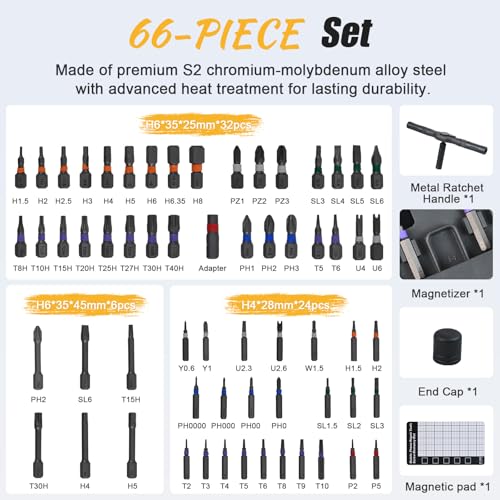 66 in 1 Magnetic Ratchet Screwdriver Set With Case | Multi-Bit Repair Tool Kit, S2 Alloy Steel Bits, T-Handle, Suitable for Home Daily Repair, DIY, PC, Electronics, Car, Bike - size: 66 in 1