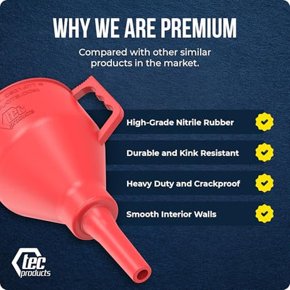 TEC Products FlexAll Short Neck Funnel - Flexible Funnel w/Hose, Durable Nitrile Rubber Automotive Funnels - Oil Change Tool for Transmission Fluid, Diesel, Gas - USA Made - Large (11 x 5.73 Inches) - size: Large