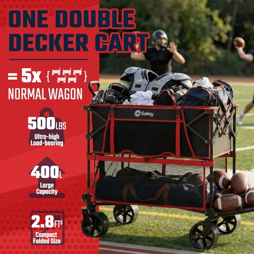 Sekey 500LBS Heavy Duty Double Decker Wagon with Extender, 400L Large Capacity Collapsible Garden Cart Fits 10x10 Canopy, All-Terrain Big Wheels with Brakes, Foldable Utility Wagon for Sports, Camping - color: Red