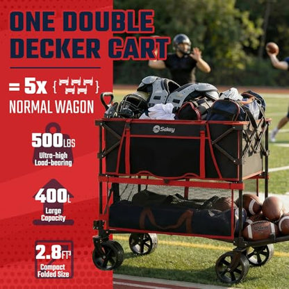 Sekey 500LBS Heavy Duty Double Decker Wagon with Extender, 400L Large Capacity Collapsible Garden Cart Fits 10x10 Canopy, All-Terrain Big Wheels with Brakes, Foldable Utility Wagon for Sports, Camping - color: Red