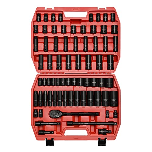 CASOMAN 1/2-inch 70 Pieces Impact Socket Master Set, SAE & Metric from 5/16"-1-1/4",8-24mm, Shallow/Deep Socket with Ratched Hand, Extension Bar and Adapters - size: 1/2"Drive 70pcs Impact Master Socket Set