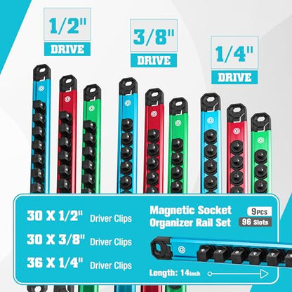 DURATECH Magnetic Socket Organizer Set, 1/4”, 3/8”, 1/2” Aluminum Alloy Socket Rail with 96 Clips, Socket Holder for Tool Box Drawer, Tool Cart and Garage Organization(9PCS) - size: 9PCS
