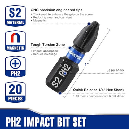 WORKPRO 20pcs PH2 Impact Phillips Screwdriver Bit Set, CNC Machined S2 Steel Tips with Magnetism, 1/4" Hex-Shank Driver Bits, 1" Long Impact Screwdriving Bits with Storage Box - size: 1 in