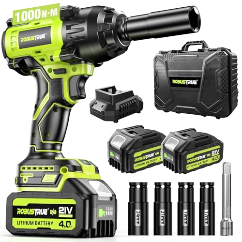 Robustrue Cordless Impact Wrench 738ft-lbs (1000N.m), High Torque Brushless 1/2 Impact Gun, 2 x4.0Ah Battery 21V Max, Fast Charger, 4 Sockets, Impact Wrench for Home Car Tires Truck Mover - color: Green1