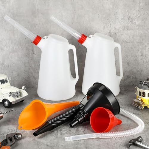 2 Pack 5 Quart Oil Jug Set with 2 Long Funnels - Oil Drain Pan & Container for Vehicle, Lawn Mower, Boat, Includes Orange & Black Funnels, Leak-Proof & Easy-Pour Spout (2Pack-5Qrt) - size: 2Pack-5Qrt