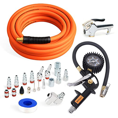 22 Pieces Air Compressor Accessories kit, 3/8 inch x 25 ft Hybrid Air Compressor Hose Kit, 1/4" NPT Quick Connect Air Fittings, Tire Inflator Gauge, Heavy Duty Blow Gun, Swivel Plugs