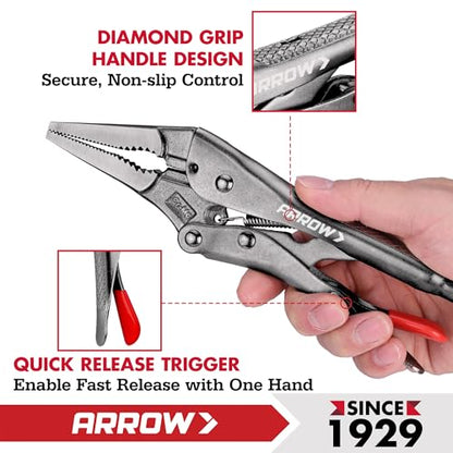 ARROW 9.5 in Needle Nose Locking Pliers, CR-MO Jaw, Long Nose Locking Pliers, Adjustable Clamping Pressure with Through-Hole Screw, Trigger Release, Ideal for Tight Spaces - size: 9.5 in