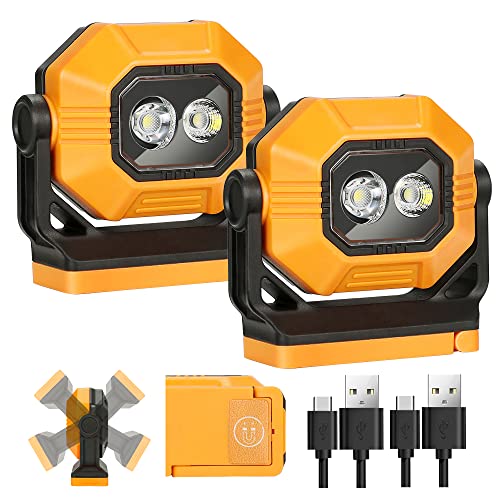 Easymaxx LED Rechargeable Work Light, 2Pack 1500LM Portable COB Magnetic Lights with 3 Modes & 360°Rotatable, IPX4 Waterproof Worklight for Car Repairing, Job Site Lighting, Emergency (2 PCS) | 3 modes, 360° rotatable bracket, USB-C charge, up to 7 hr run
