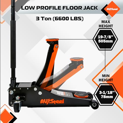AV Steel Low Profile Floor Jack 3 Ton (6600 lbs), Heavy Duty Hydraulic Jack for Car, Heavy-Duty Floor Jack with Dual Pistons Quick Lift Pump, Car Floor Jack with Lifting Range 3-1/8'' to 19-7/8''