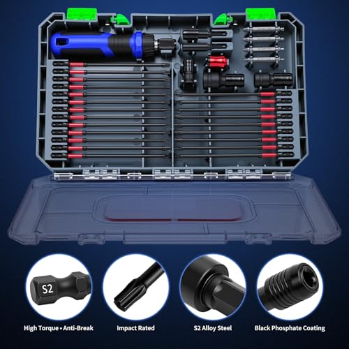 6-Inch Long Screwdriver Bit Set, 63PCS Impact-Ready Extended Reach Bit Kit, Magnetic S2 Steel, 1/4" Hex Shank, Torx/Phillips/Hex/Nut Driver Bits with Organized Storage Case for Drill & Impact Driver