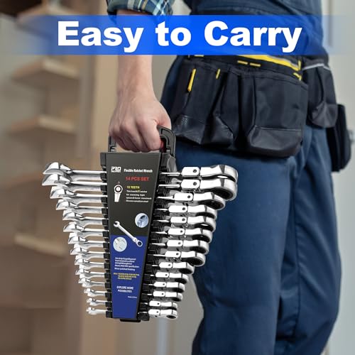 Prostormer Flex Head Ratcheting Wrench Set | SAE 1/4"-7/8",14-Piece Chrome Vanadium Steel Combination Wrench Set with Rack