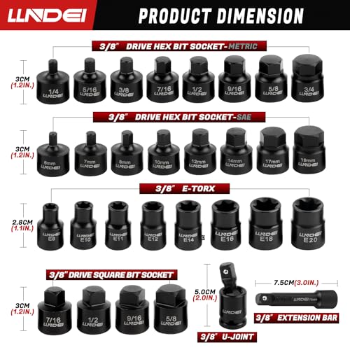 LLNDEI 30PCS 1/4-3/4 SAE/Metric, 3/8 Drive Low Profile Impact Hex Driver Set, 6-19mm, with E-torx Bit Socket Set E8-E20, Square Bit Socket, U-Joint Extension Bar, Cr-Mo, Storage Case