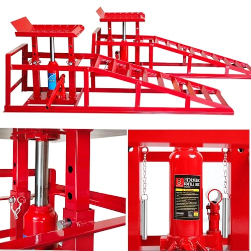2 Pack Hydraulic Car and Truck Service Ramps,11023 Lbs (5 Tons) Capacity, Low Profile Car Lift Service Ramps for Oil Changes, Adjustable Lift Height 9.8" to 16.21", Home Garage,Vehicle Auto Garage Rep