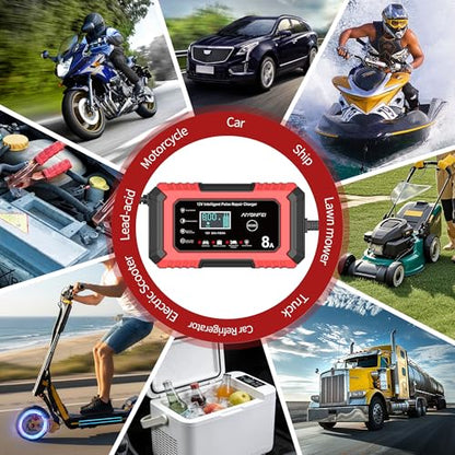 12V Battery Charger 8-Amp Smart Trickle Charger, Red | Battery Maintainer and Desulfator, Temperature Compensation, for Car, Truck, SUV, Motorcycle, Boat, Lead Acid, LiFePO4 ﻿ - color: Red
