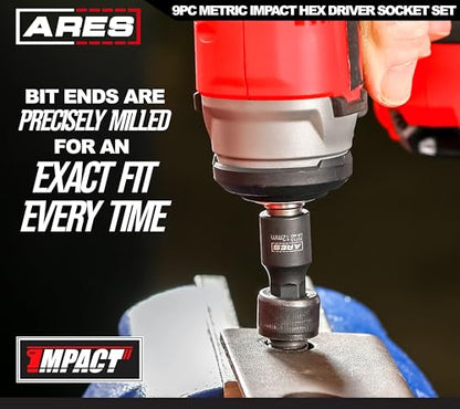 ARES 70497 9-Pc Metric Impact Hex Socket Set, Chrome Moly, Rail | Manganese phosphate coating; low profile and designed for impact use. - size: 9-Piece Metric Impact Hex Driver Set