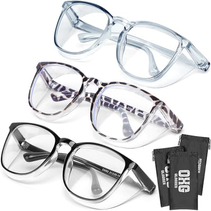 OXG 3 Pack Stylish Safety Glasses, ANSI Z87+ Anti Fog Safety Goggles Blue Light Blocking Protective Eyewear for Nurses - color: Leopard+black+olive Green