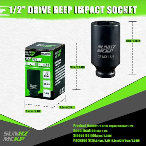SUNHZMCKP 1/2 Inch Drive Impact Socket, SAE 1-1/4 In Deep 6 Point Socket, CR-MO, Axle Nut Impact Grade Socket for Easy Removal (1-1/4) - color: Sae, size: 1-1/4 inch