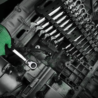 SK Flex-Head Ratcheting Wrench Set, Combination Wrench Set, 12-Piece, Metric 8 to 19mm, 72-Tooth, Premium CR-V Construction, with Rack Organizer - size: Metric
