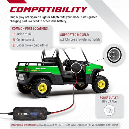 JMR 12V Battery Charger for John Deere, 12V Cig. Port, No Lithium Mode | Trickle Charger Conditioner Maintainer For Gator Buck DB120 Timberjack All Models - size: No Lithium Mode