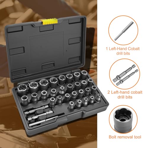 Eapele Bolt Extractor Set, Stripped Nut Remover Twist Sockets, Fit 3/8" Square Drive with Solid Storage Case (32pcs, Black) - size: 32pcs
