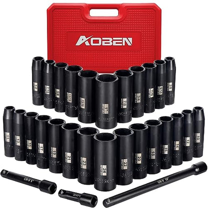 AOBEN 1/2-Inch Drive Impact Socket Set, 29 Pieces, 6 Point, SAE/Metric, (3/8" - 1", 10mm - 24mm), Deep, Cr-V Steel, Includes 3", 5", 10" Extension bars - size: 1/2-Inch 29PCS