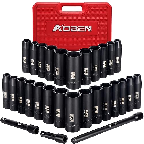 AOBEN 1/2-Inch Drive Impact Socket Set, 29 Pieces, 6 Point, SAE/Metric, (3/8" - 1", 10mm - 24mm), Deep, Cr-V Steel, Includes 3", 5", 10" Extension bars - size: 1/2-Inch 29PCS