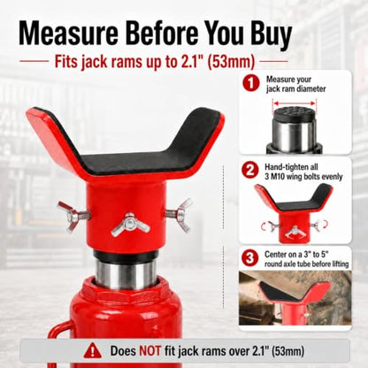 Bottle Jack Adapter with Triple-Lock, Fits 8-20 Ton Bottle Jacks up to 2.1" Ram Diameter, Heavy Duty 1/4" Steel Saddle for 3" to 5" Round Axle Tubes, for RVs, Trucks and Trailers - color: Red (10–20T)