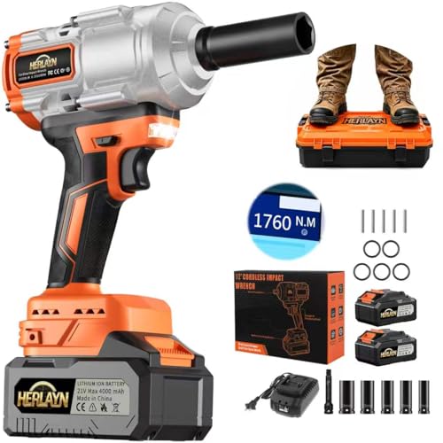 1/2" Cordless Impact Wrench 1500N.m Brushless, Dual 4.0Ah Battery | MAX 1760N.m,drop-tested durability;brushless motor;dual 4.0Ah batteries;5 sockets included;for tires & heavy equipment - color: Orange