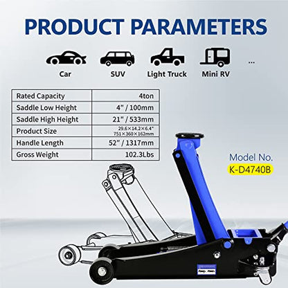 4T Low Profile Steel Floor Jack, 8000 lb, Dual Pump, 4"-21" Lift | Heavy-duty steel, dual-piston quick lift, low profile, 4"-21" range, overload safety protection. - size: 4T Dual Pump 4"-21"