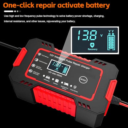 Mandark Car Battery Charger, 12V 6A Smart Fully Automotive Battery Trickle Charger, Portable Vehicle Battery Maintainer Desulfator with Temperature Compensation, Universal for SUV RV Truck (Red) - color: Red