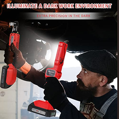 MANUSAGE 3/8"(10mm) 20V Cordless Electric Ratchet Wrench, 44.25 Ft-lbs, 380RPM, with 2 x 2.0A Rechargeable Lithium Ion Batteries, Charger and 20V Lithium-Ion LED Work Light