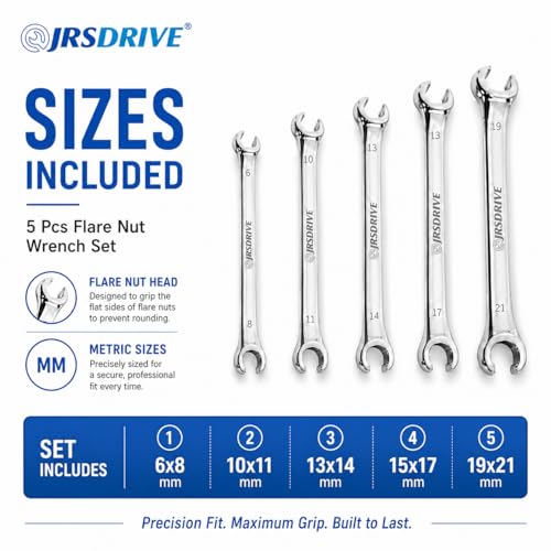 5 Pcs Flare Nut Wrench Set Metric 6x8, 10x11, 13x14, 15x17, 19x21mm CRV Line Wrench Set for Brake Line, Fuel, HVAC & Plumbing | Professional Mechanic Tools & Automotive Wrench Set E-2104