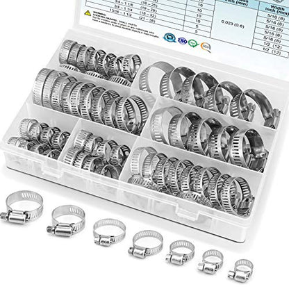 TICONN 60PCS Hose Clamp Set - 1/4''–1-1/2'' 304 Stainless Steel Worm Gear Hose Clamps for Pipe, Intercooler, Plumbing, Tube and Fuel Line - size: 60 Pcs Kit, Combo