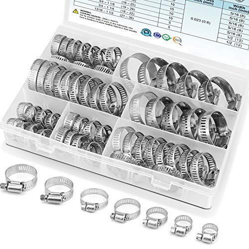 TICONN 60PCS Hose Clamp Set - 1/4''–1-1/2'' 304 Stainless Steel Worm Gear Hose Clamps for Pipe, Intercooler, Plumbing, Tube and Fuel Line - size: 60 Pcs Kit, Combo