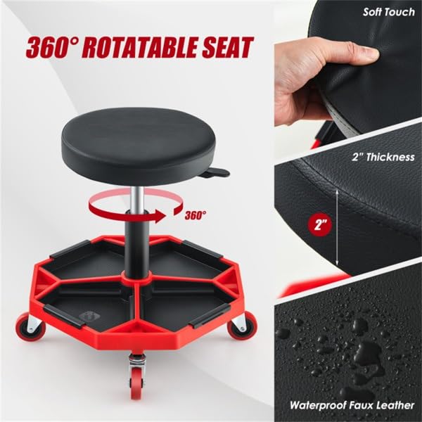 Heavy Duty Rolling Mechanic Stool, Adjustable Height Garage Shop Seat with Tool Tray Storage, 360° Swivel Caster Workshop Stool for Auto Repair, Professional Technician Rolling Work Seat