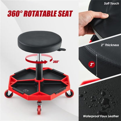 Heavy Duty Rolling Mechanic Stool, Adjustable Height Garage Shop Seat with Tool Tray Storage, 360° Swivel Caster Workshop Stool for Auto Repair, Professional Technician Rolling Work Seat
