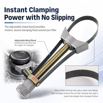 60-120mm Adjustable Oil Filter Wrench,Heavy Duty Oil Filter Strap Wrench | Fits 2-3/8" - 4-3/4" Filters,Stainless Steel Band,Quick Disassembly,Professional Oils Filters Removal Tool for Most Vehicles