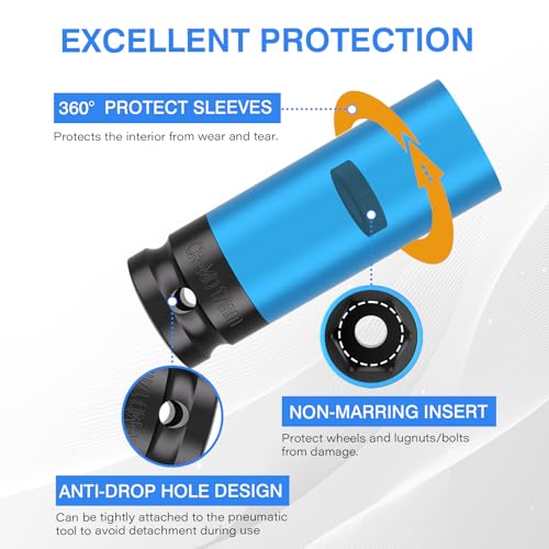 5PCS 1/2" Drive Wheel Protector Impact Socket, Non-Marring Lug Nut Deep Socket Set, CR-MO, 6 Point, Color-Coded Protective Socket, Metric 15 17 19 21 22 mm - size: 1/2" Protective Cover Sockets 5pcs