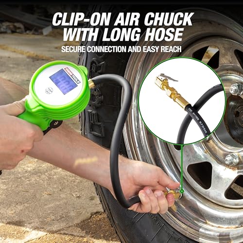 OEMTOOLS 24412 Digital Tire Inflator with Tire Pressure Gauge, Digital LCD Display, 0 to 175 PSI Air Pressure Gauge for Tires with 21” Hose and Clip-On Air Chuck | 0-175 PSI Measuring Range, 21” Hose and Clip-On Air Chuck, Oil Resistant Anti-Shock Rubber