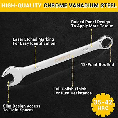 DEKOPRO Combination Wrench Set, SAE&Metric, 30-piece, 1/4'' to 1'' & 8-22mm, 12-Point, Chrome Vanadium Steel, with Plastic Tray - size: 30-Piece (15 SAE: 1/4-1 in, 15 Metric: 8-22 mm)