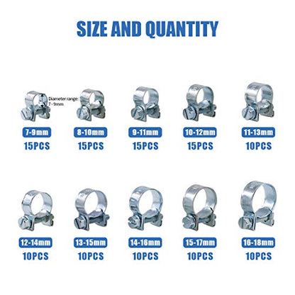 Glarks 120Pcs 10 Size Mini Fuel Injection Style Hose Clamp Assortment Kit For Diesel Petrol Pipe
