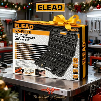 ELEAD 67 Piece 1/2" Drive Deep Impact Socket Set: Standard SAE (3/8"-1-1/4") & Metric (8-24 mm), Including 3 ", 5", 10" Extension Bar, Universal Joint, Ratchet Handle and Adapter - style: 67pcs 1/2'' Drive Impact Socket Set