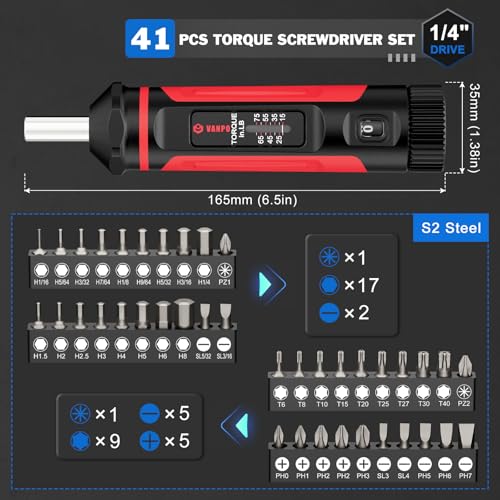 VANPO Torque Screwdriver 15-75 in-lb, 1/4" Drive Precision Driver Set | Inch Pounds Torque Wrench, 40 S2 Steel Bits for Gunsmithing, Bike Repair, Scope Mounting, Maintenance, DIY - size: 15-75In-lb